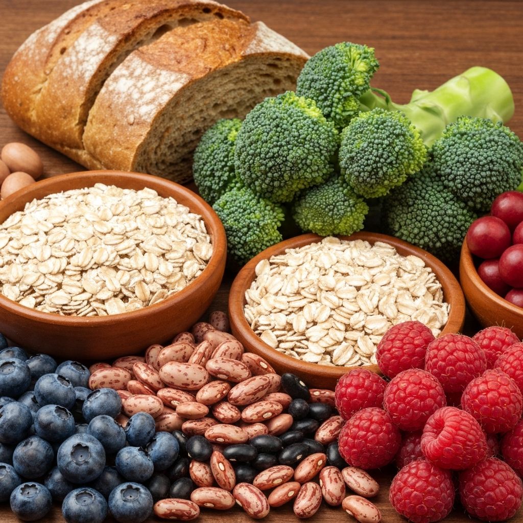 Fiber-rich foods including whole grains and legumes