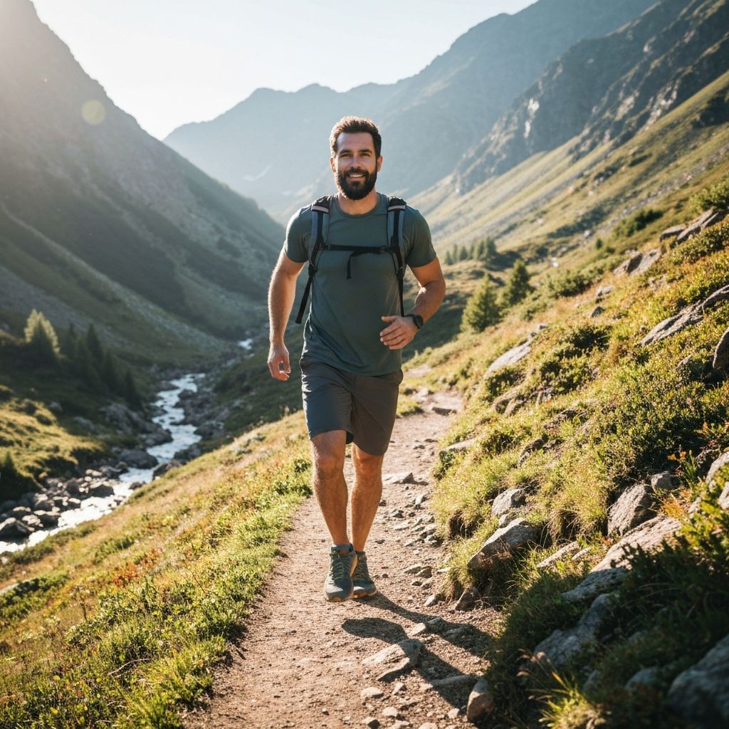 Man hiking on mountain trail, active outdoor lifestyle